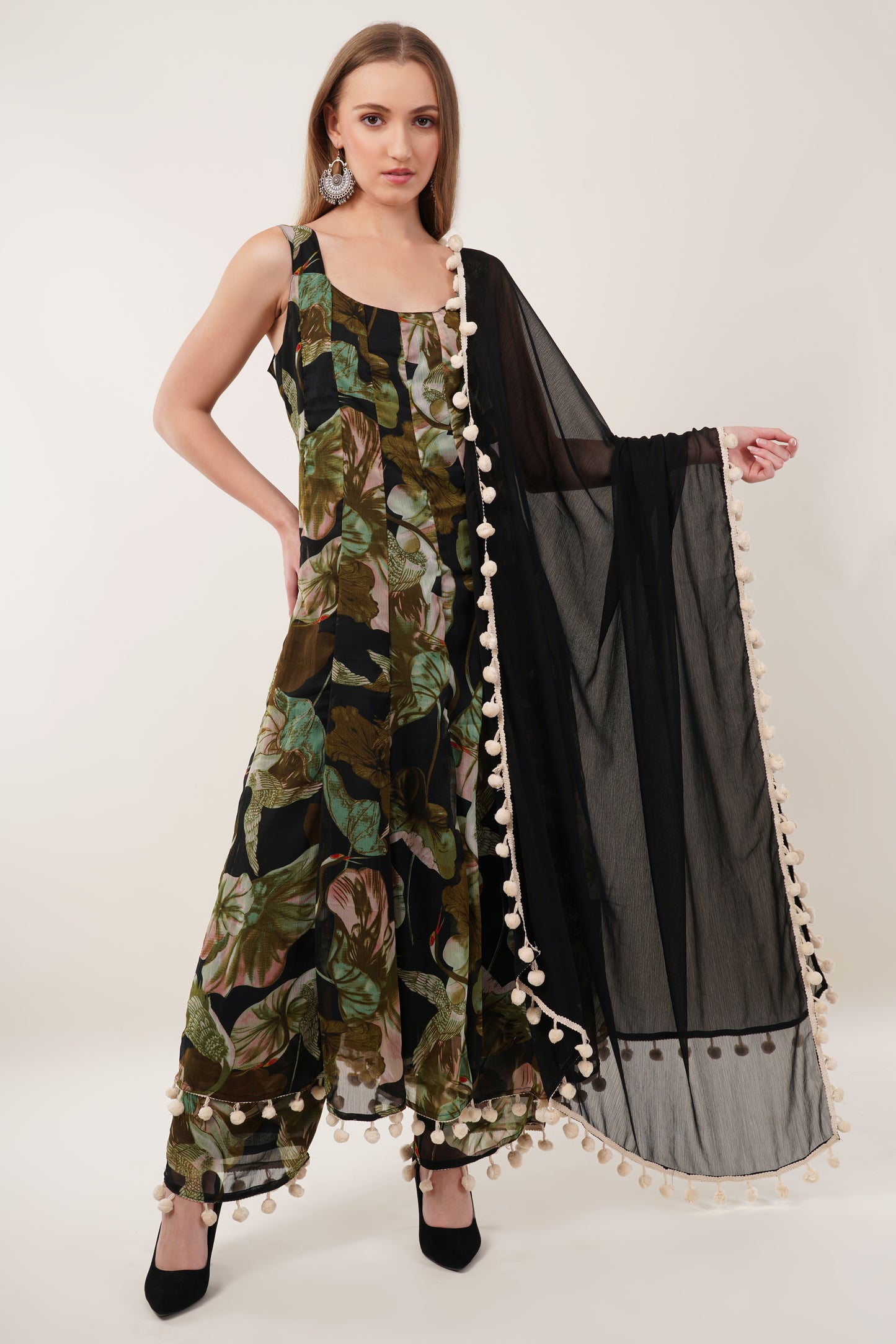 Black Floral Printed Kurta Set with Dupatta