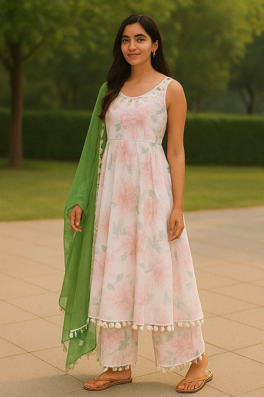 Floral Print Anarkali Suit with Green Dupatta