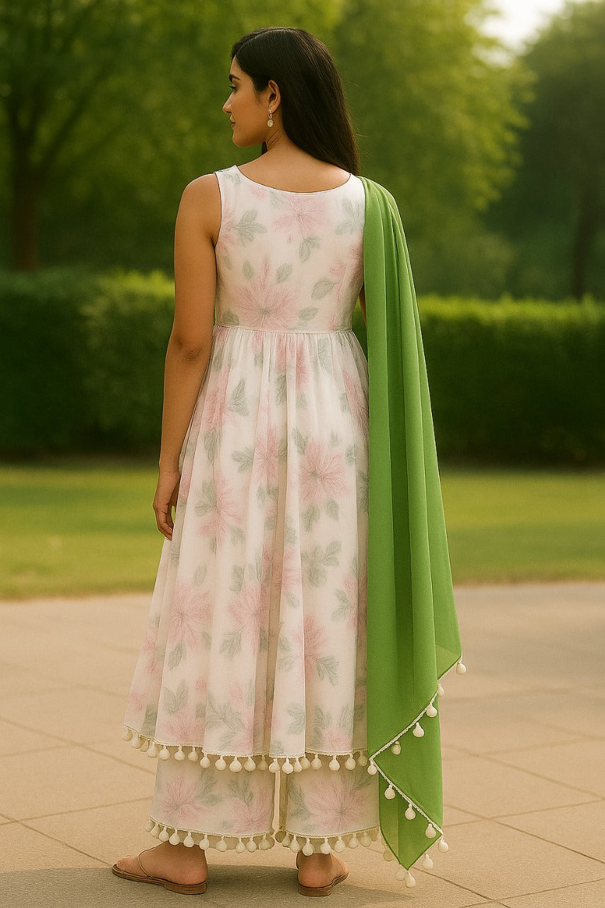 Floral Print Anarkali Suit with Green Dupatta
