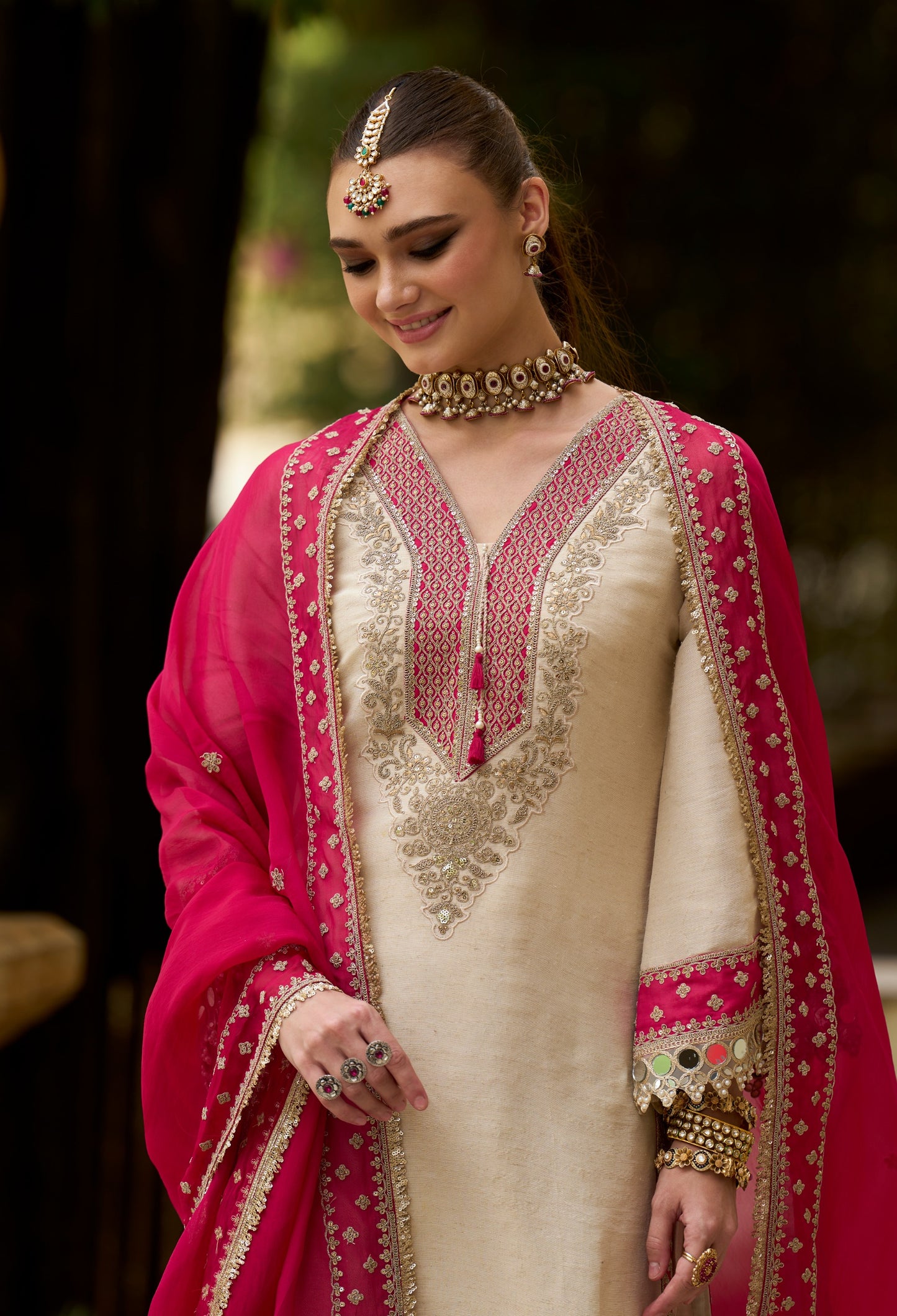 Dola Silk Kurti with mirror work & organza dupatta