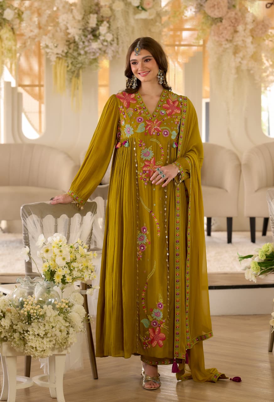 Mal Chanderi Anarkali with embroidery, shell accents & chiffon dupatta