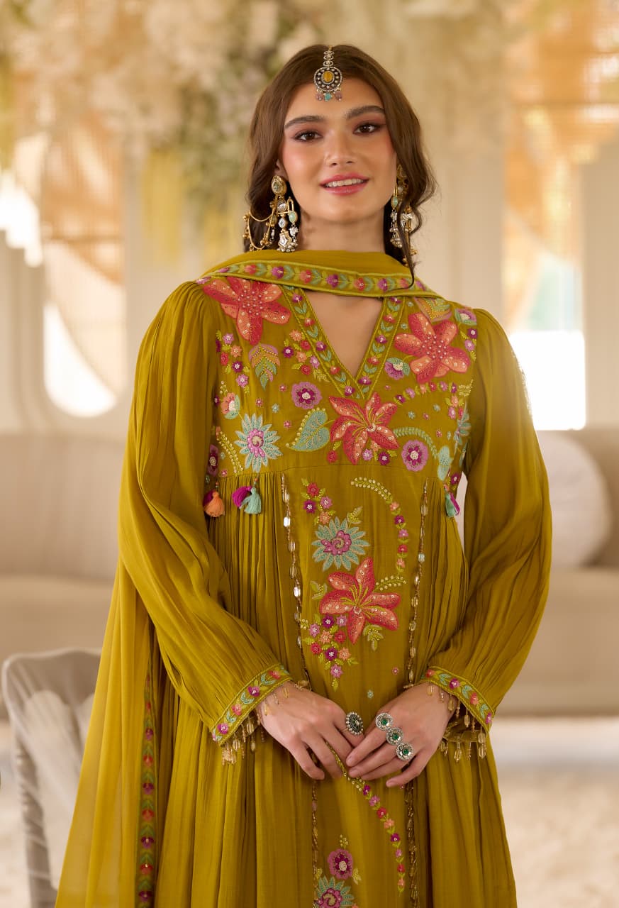 Mal Chanderi Anarkali with embroidery, shell accents & chiffon dupatta