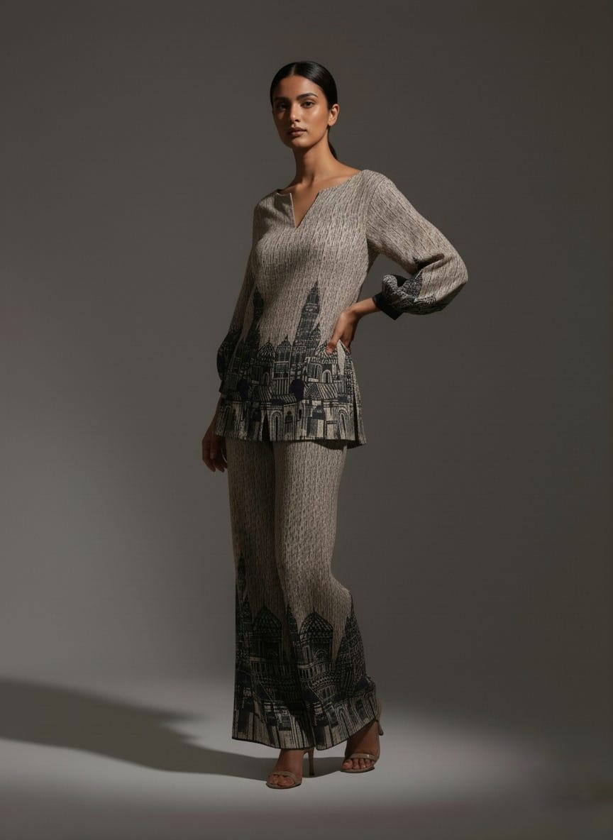 Architectural Print Cord Set with V-Neck Top