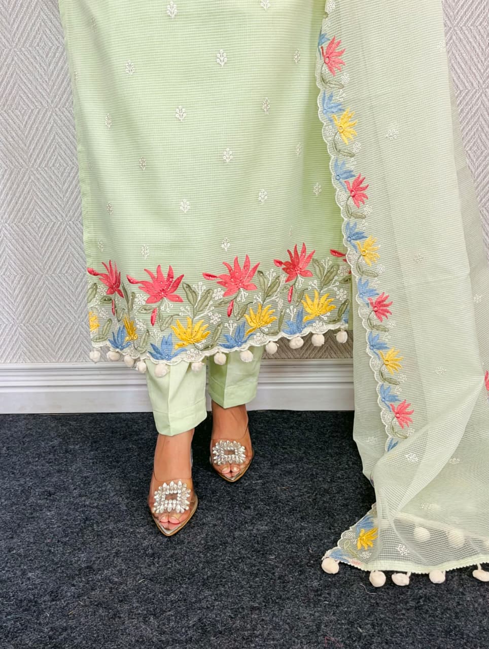 Pure Cotton Embroidered Suit – Pastel Green Elegance