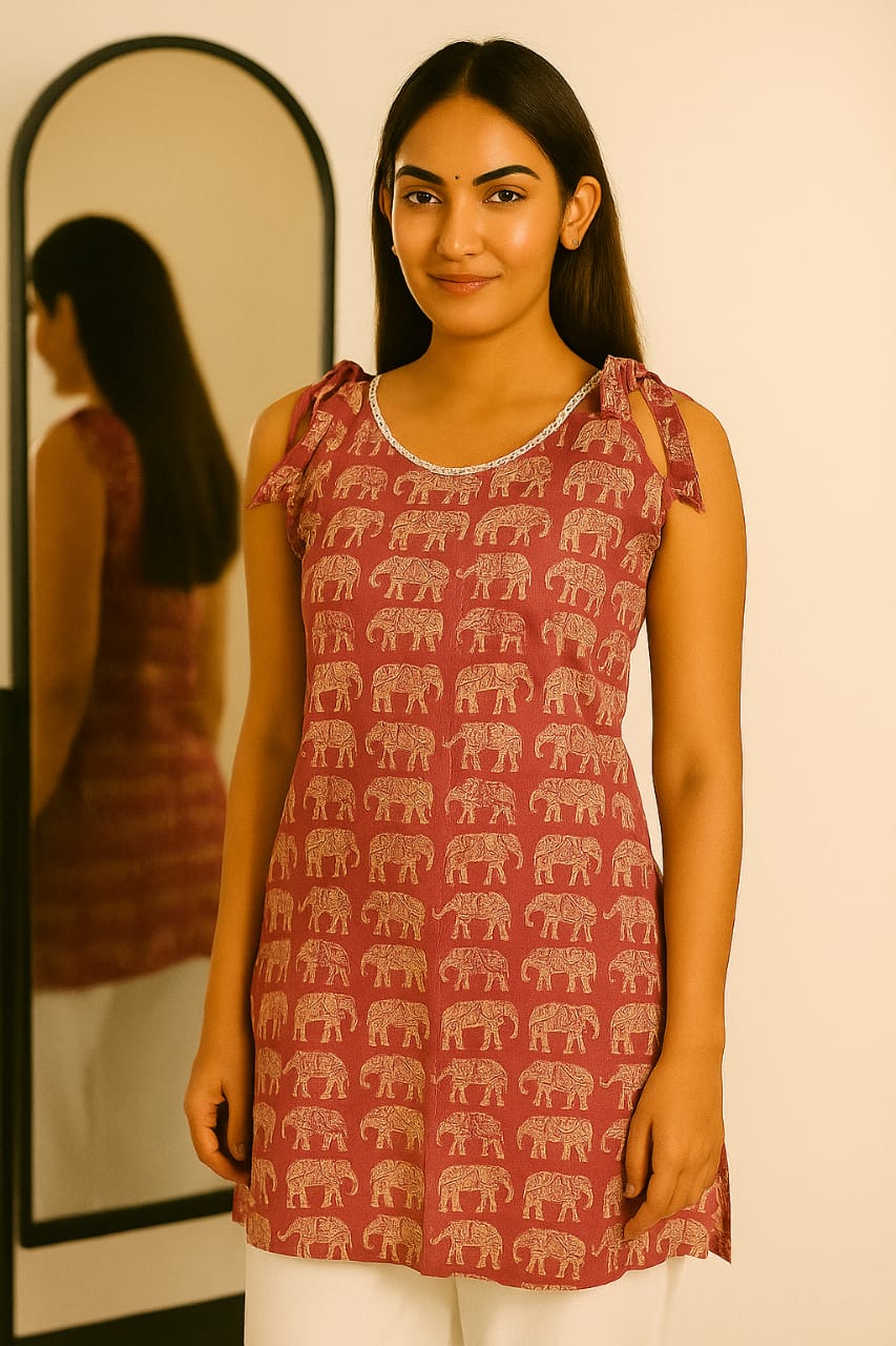 Elephant Print Sleeveless short Kurti
