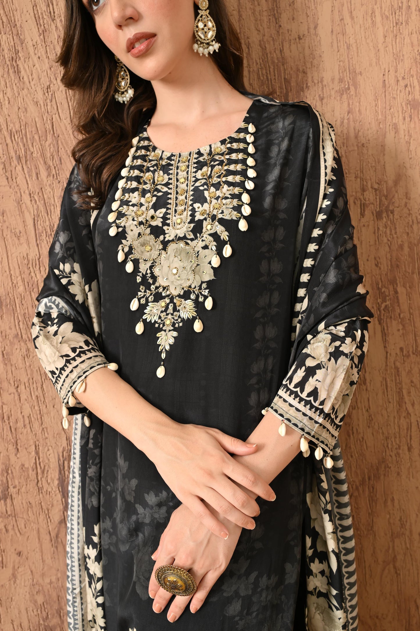 Pure Natural Crepe Digital Printed Kurti Set with Metallic & Shell Accents