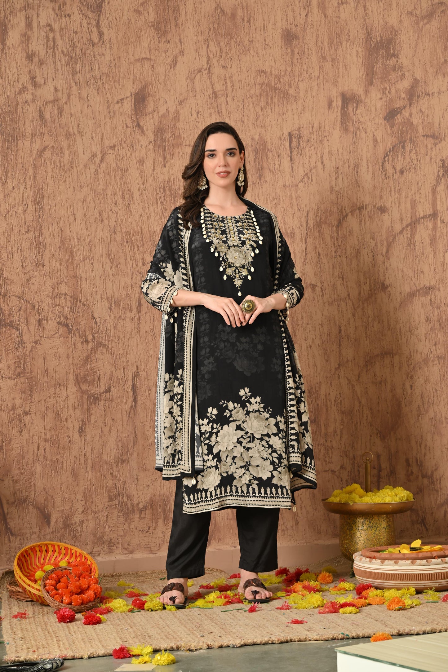 Pure Natural Crepe Digital Printed Kurti Set with Metallic & Shell Accents