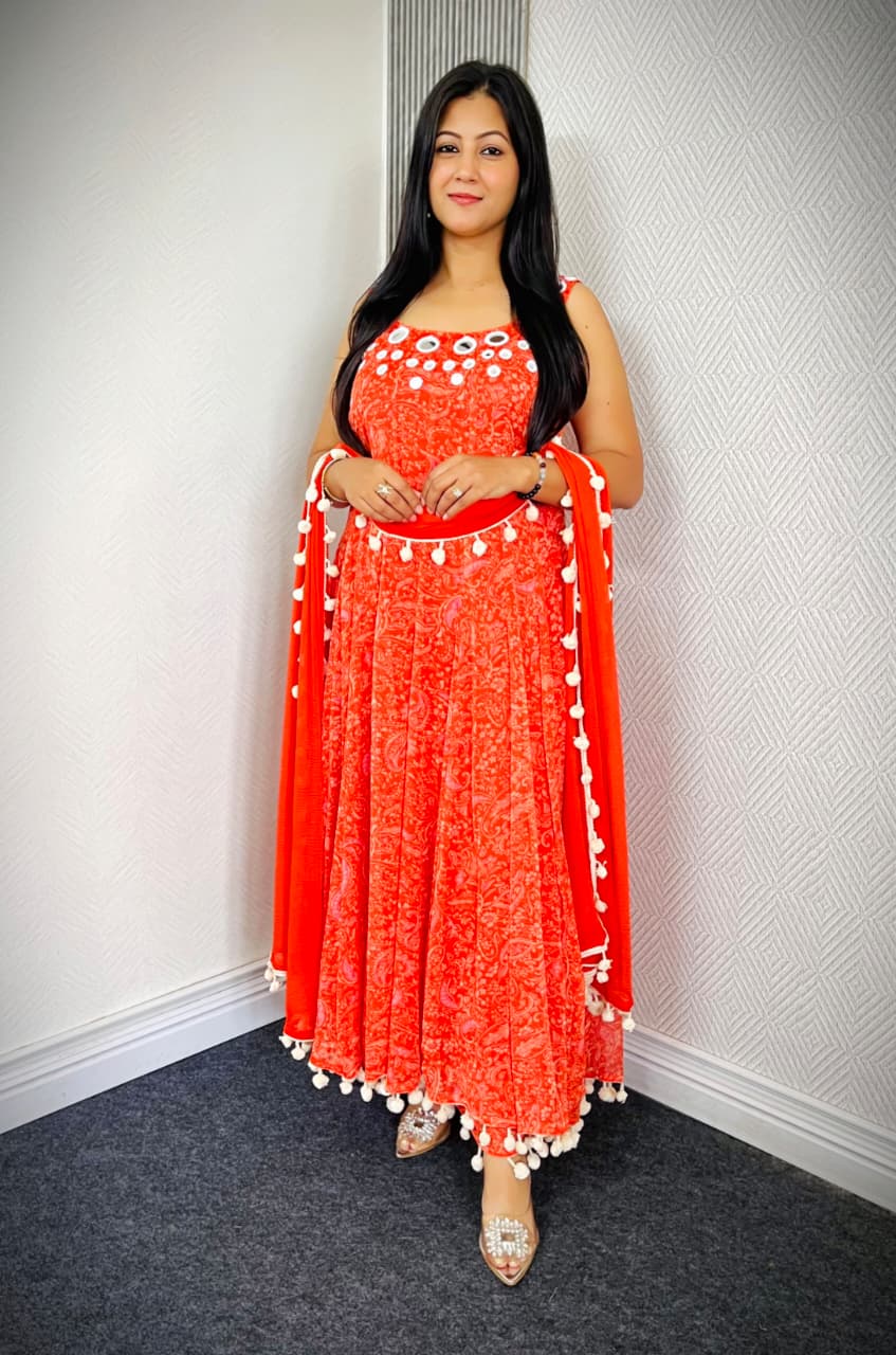 Floral Print Anarkali Suit with Orange Dupatta