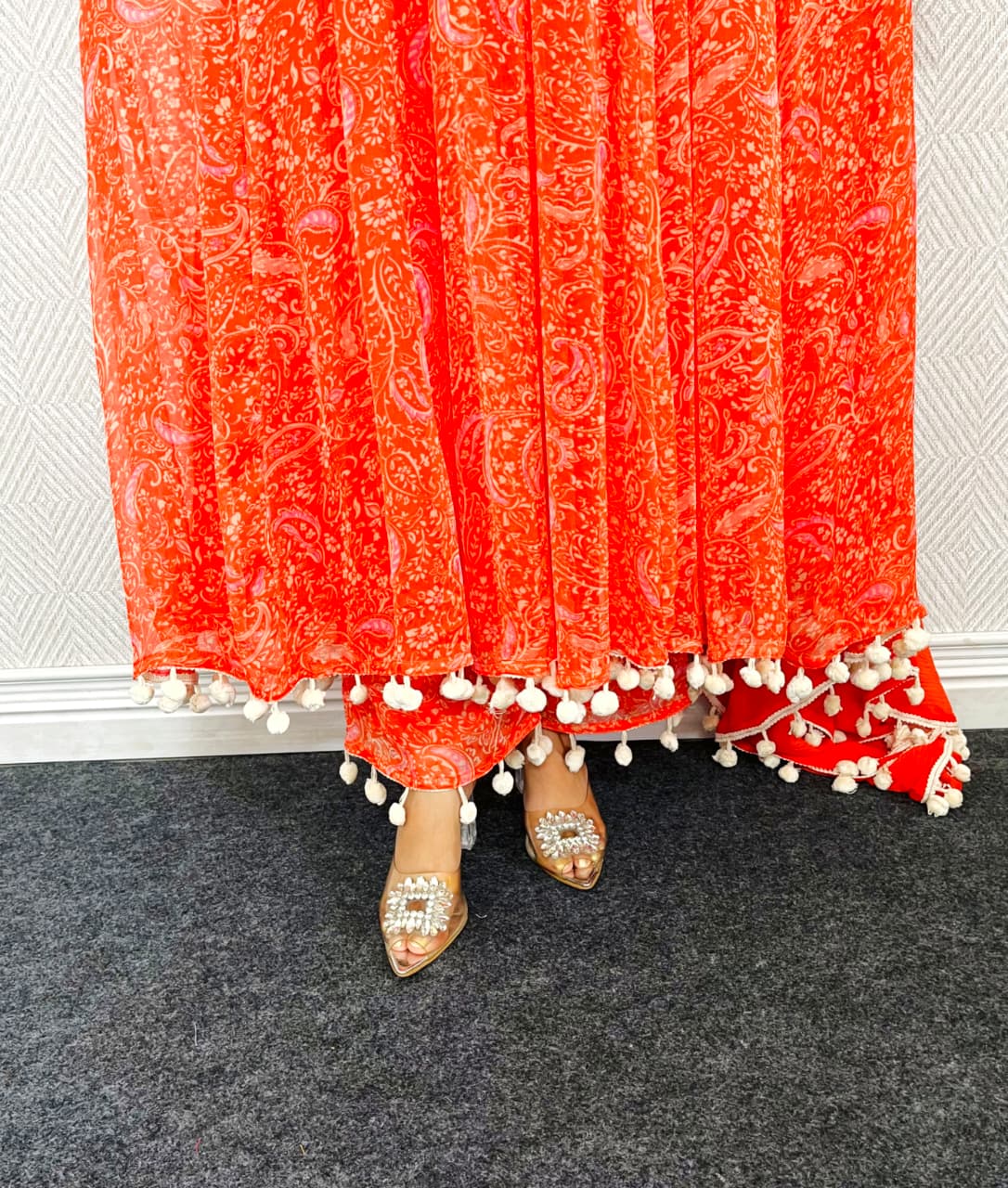 Floral Print Anarkali Suit with Orange Dupatta