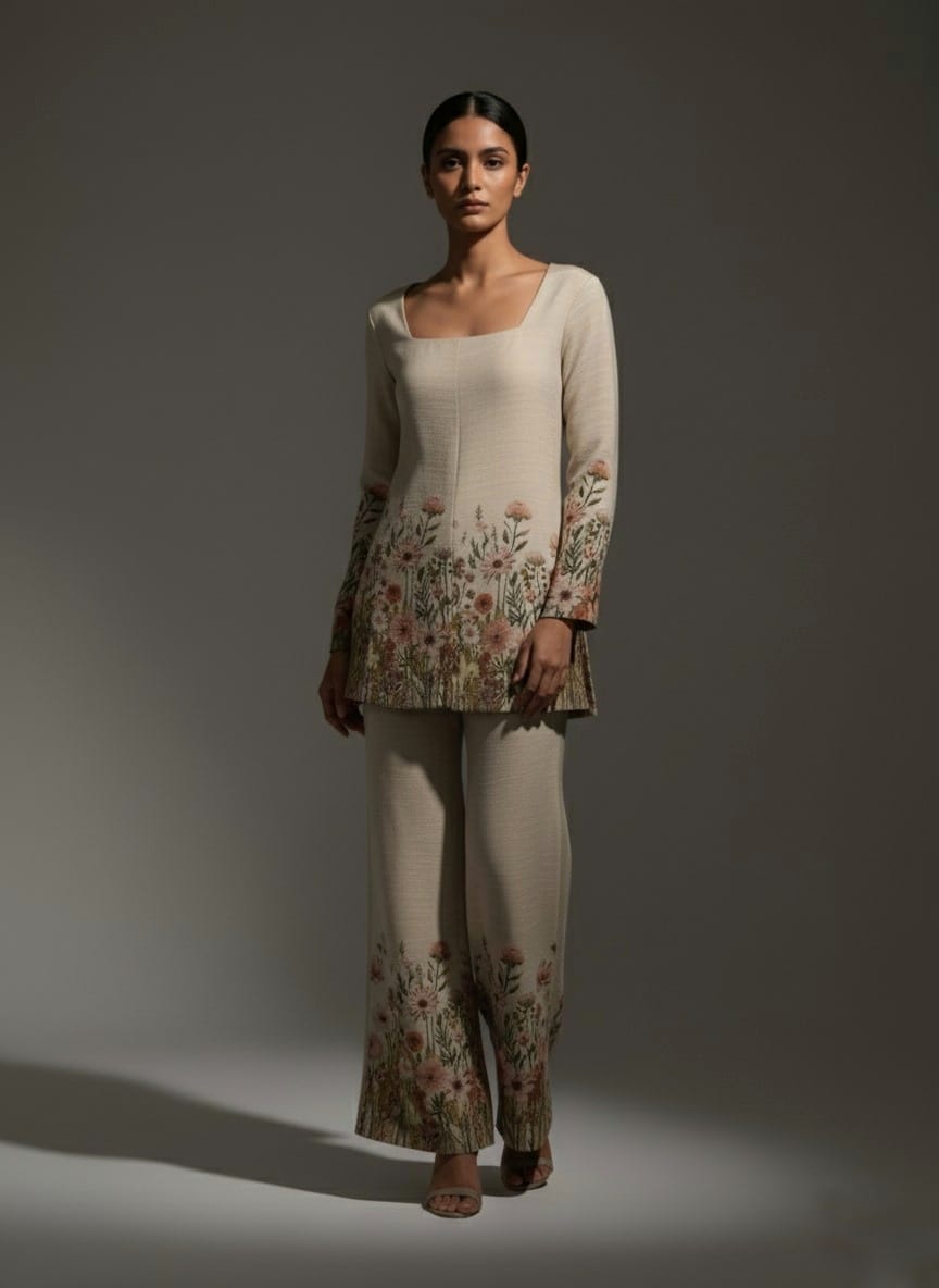 Beige Floral Printed Cord Set with Square Neckline