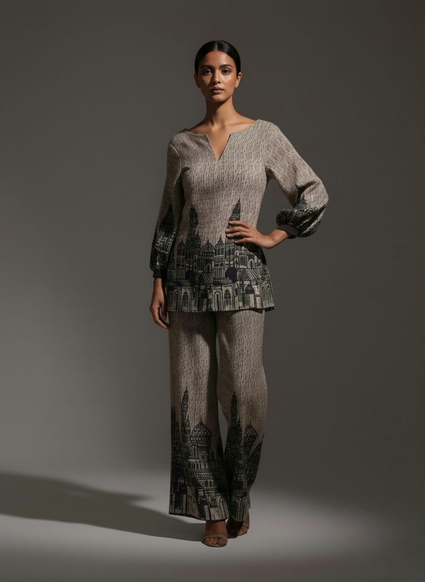 Architectural Print Cord Set with V-Neck Top
