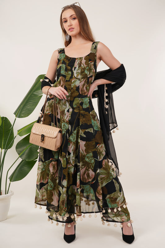 Black Floral Printed Kurta Set with Dupatta