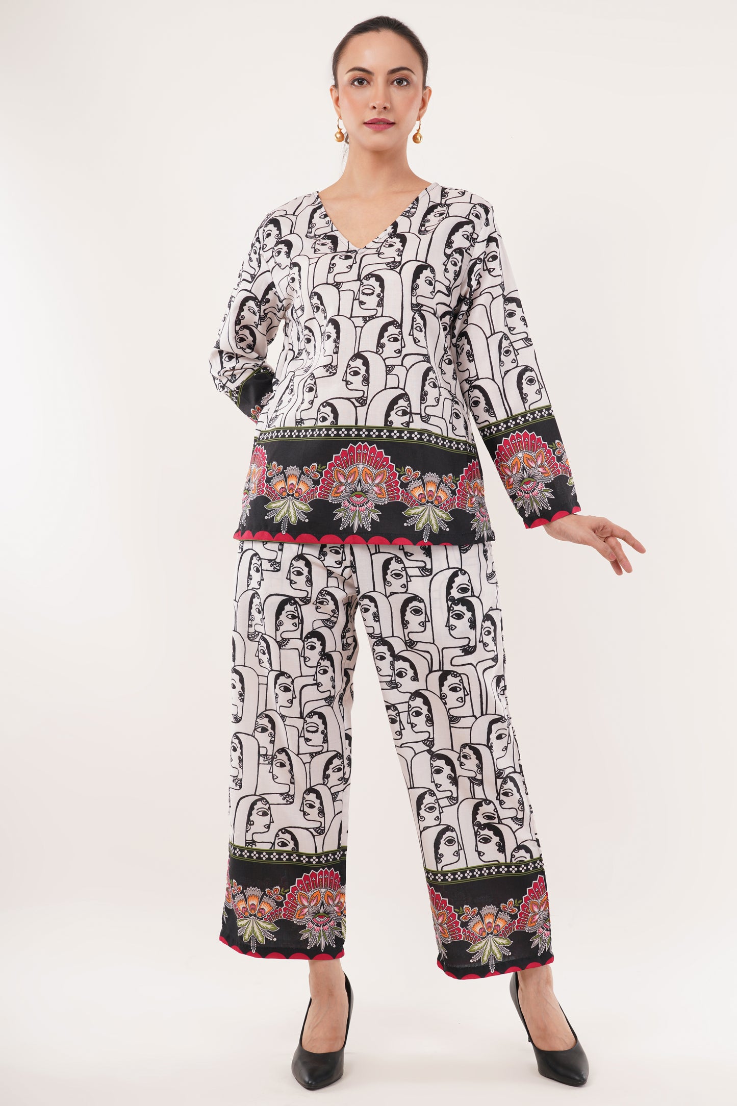 Printed Cotton Cord Set with Floral Border Detailing