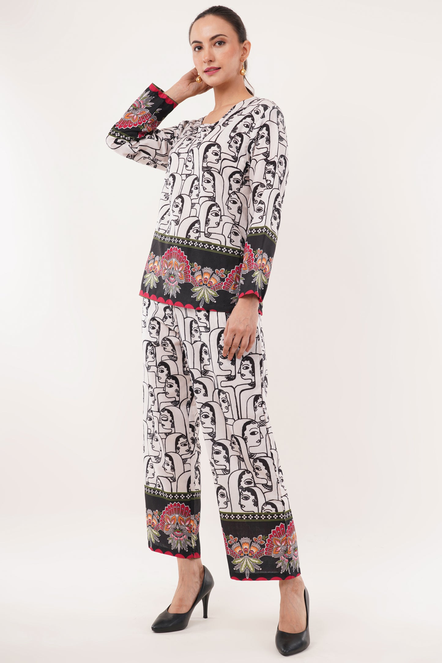 Printed Cotton Cord Set with Floral Border Detailing