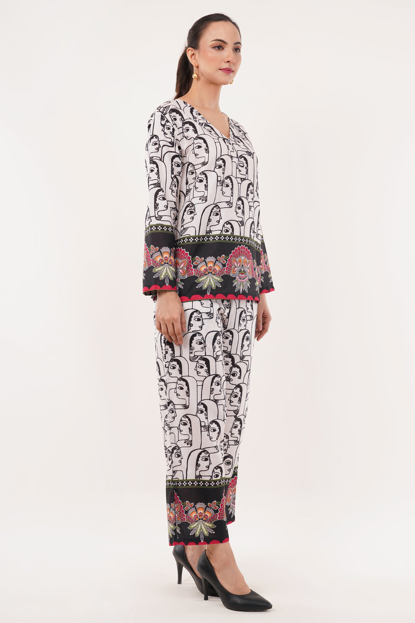 Printed Cotton Cord Set with Floral Border Detailing