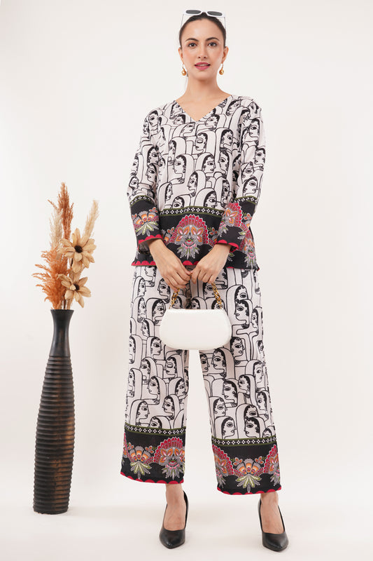 Printed Cotton Cord Set with Floral Border Detailing