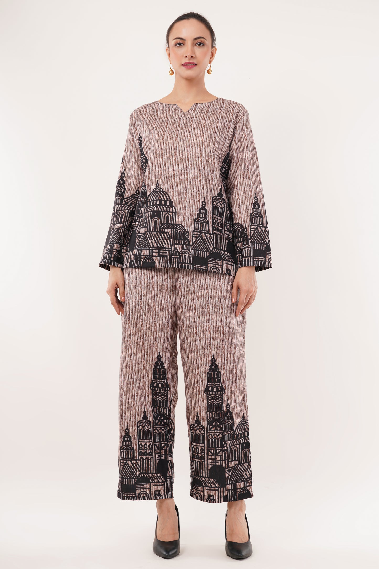 Architectural Print Cord Set with V-Neck Top