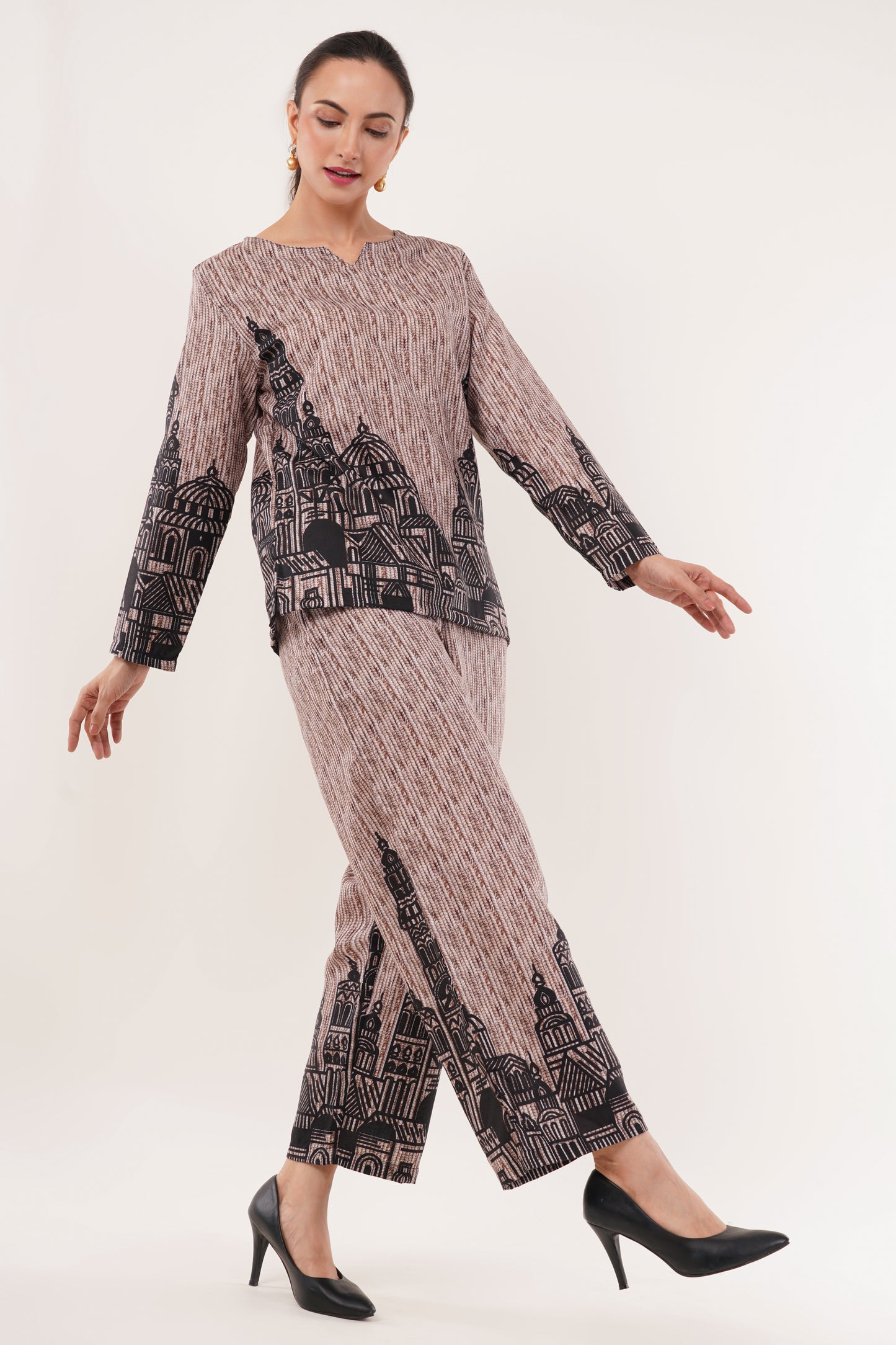 Architectural Print Cord Set with V-Neck Top