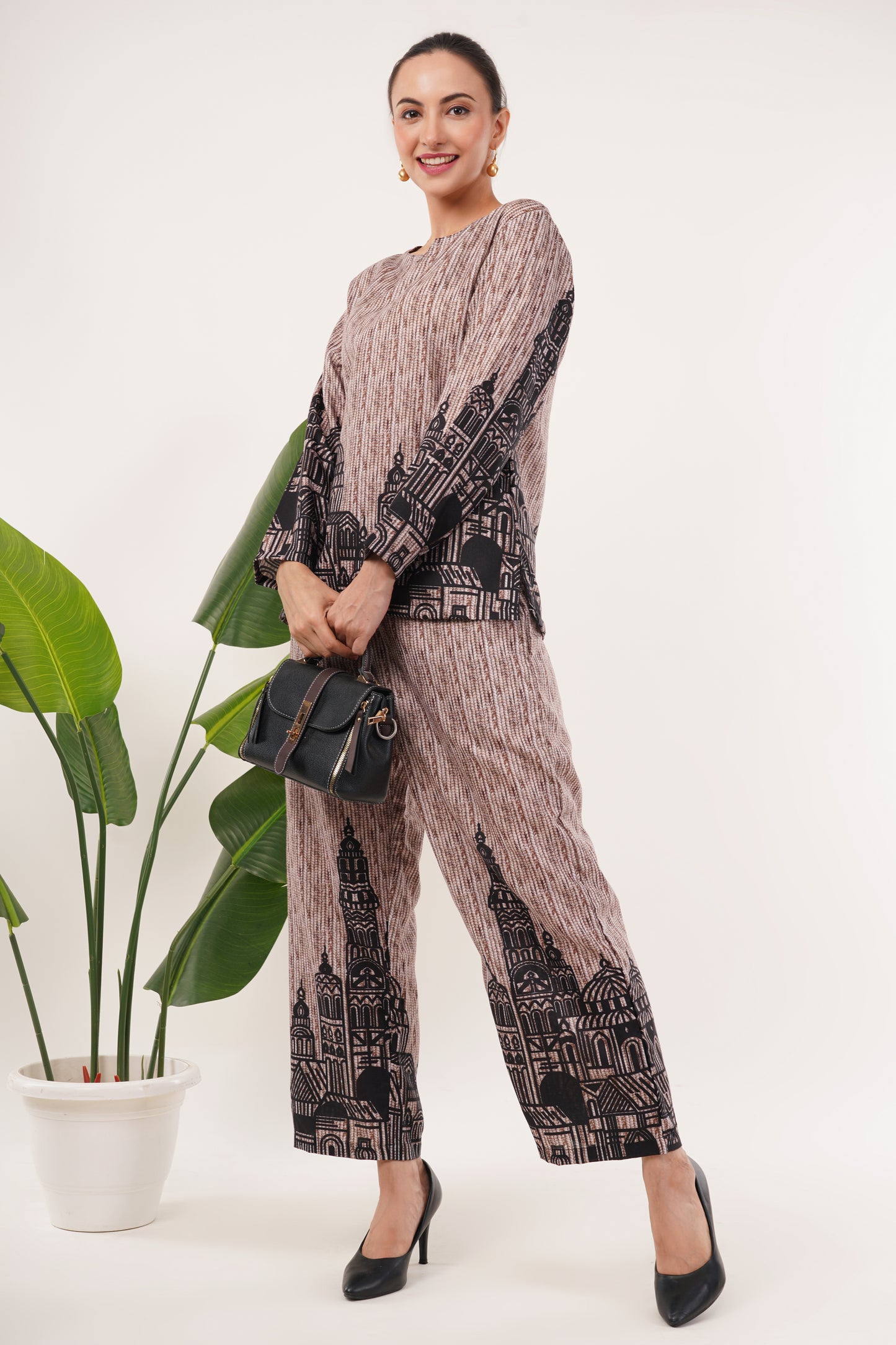 Architectural Print Cord Set with V-Neck Top