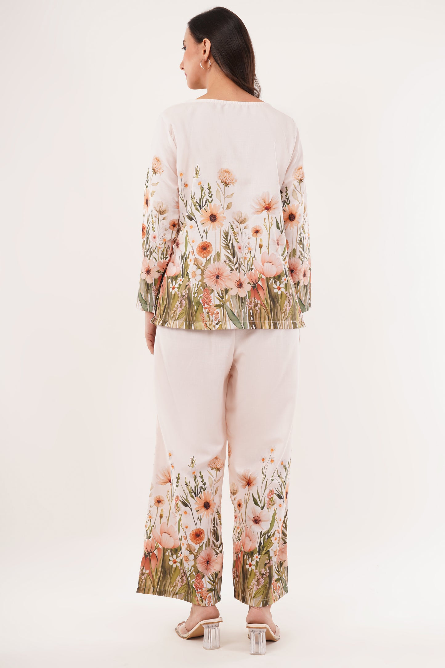 Beige Floral Printed Cord Set with Square Neckline