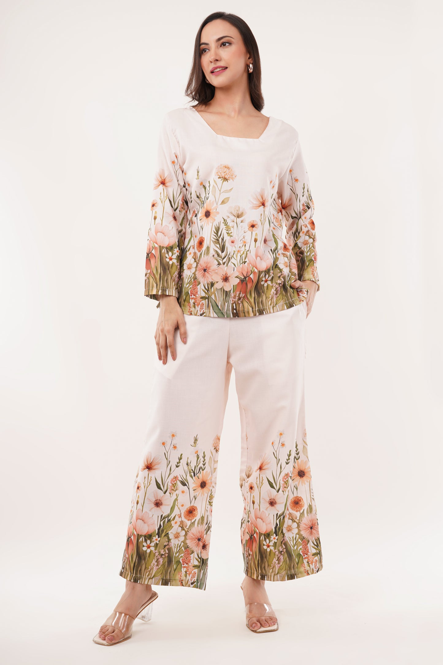 Beige Floral Printed Cord Set with Square Neckline
