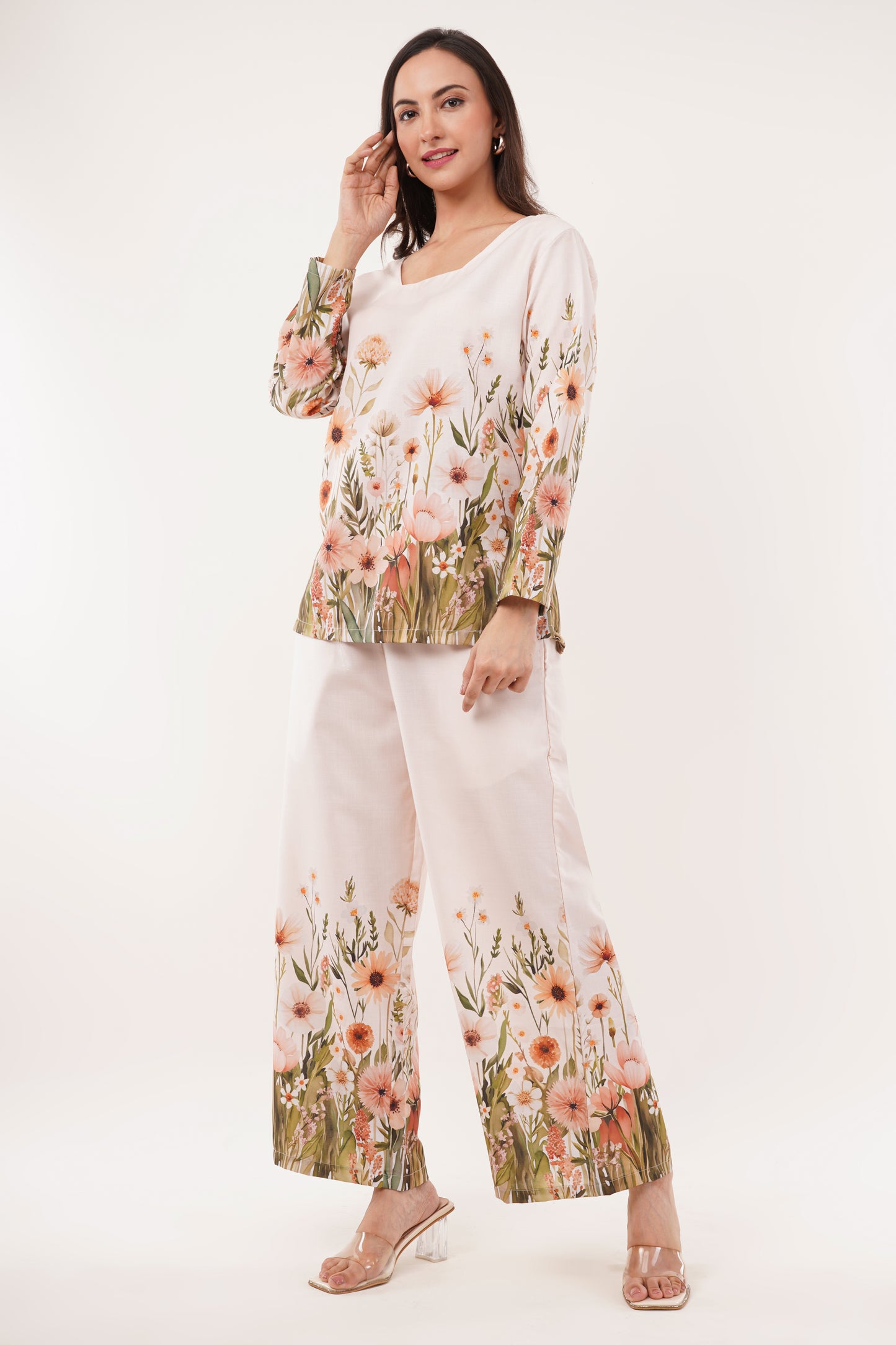 Beige Floral Printed Cord Set with Square Neckline