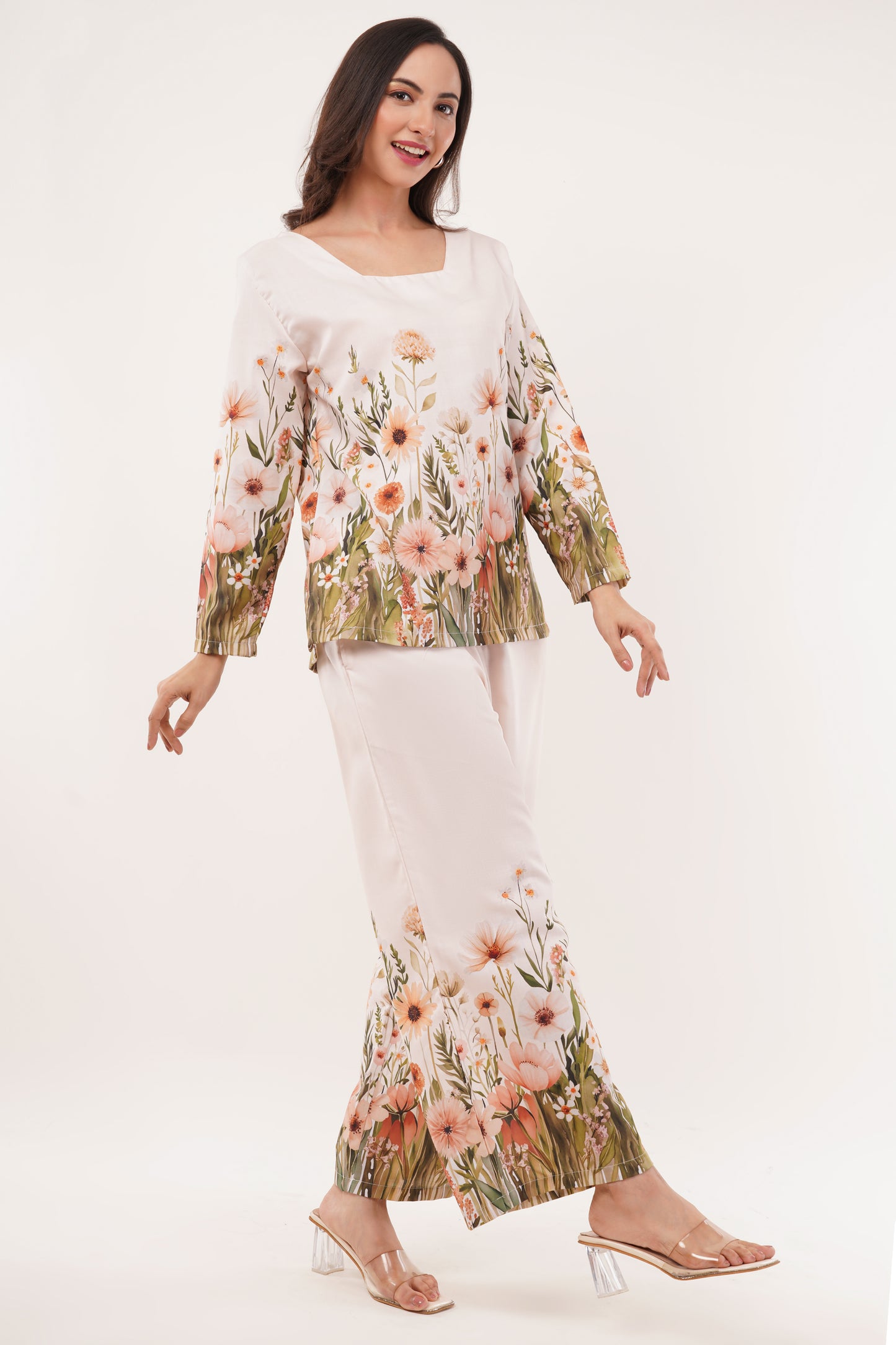 Beige Floral Printed Cord Set with Square Neckline