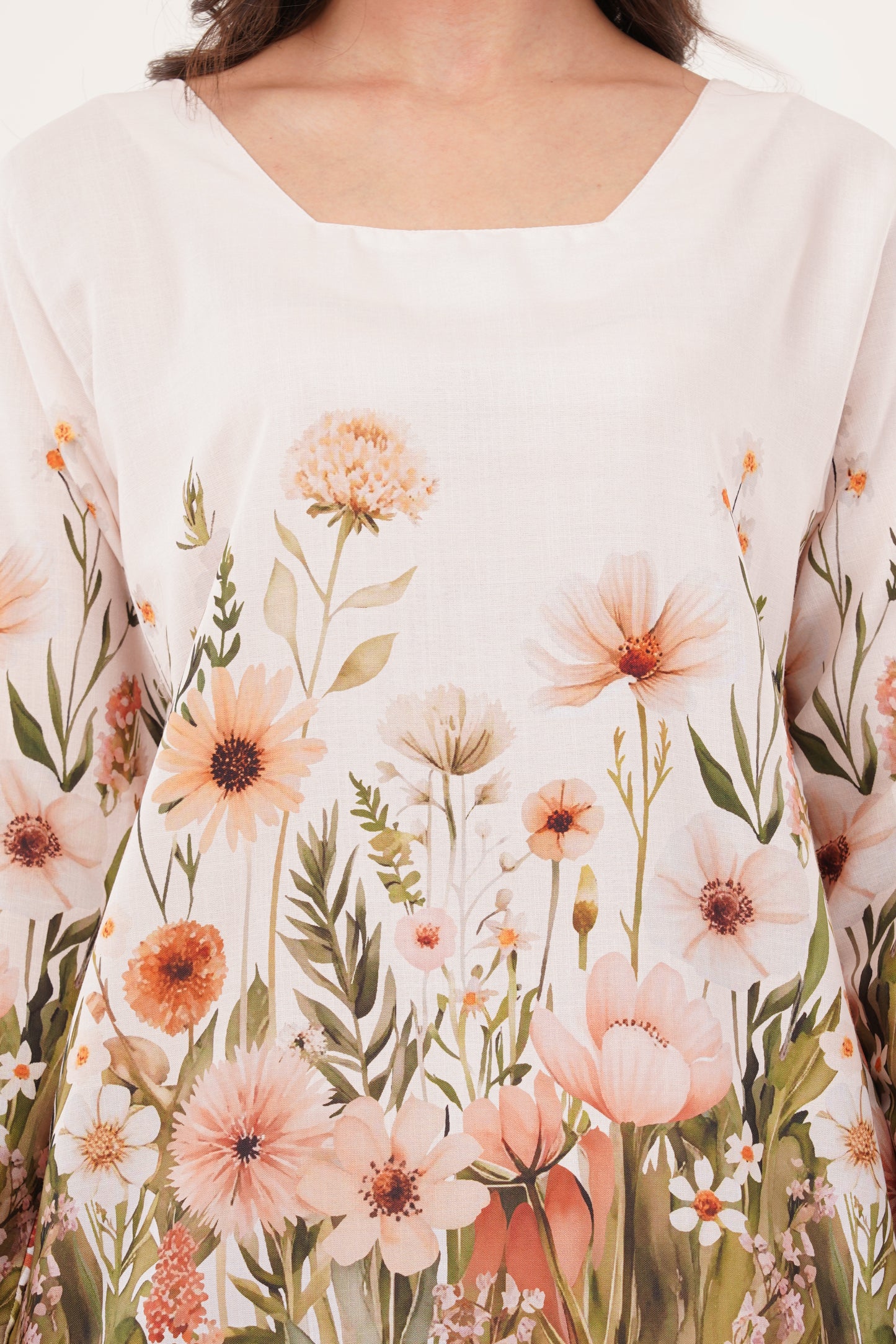 Beige Floral Printed Cord Set with Square Neckline