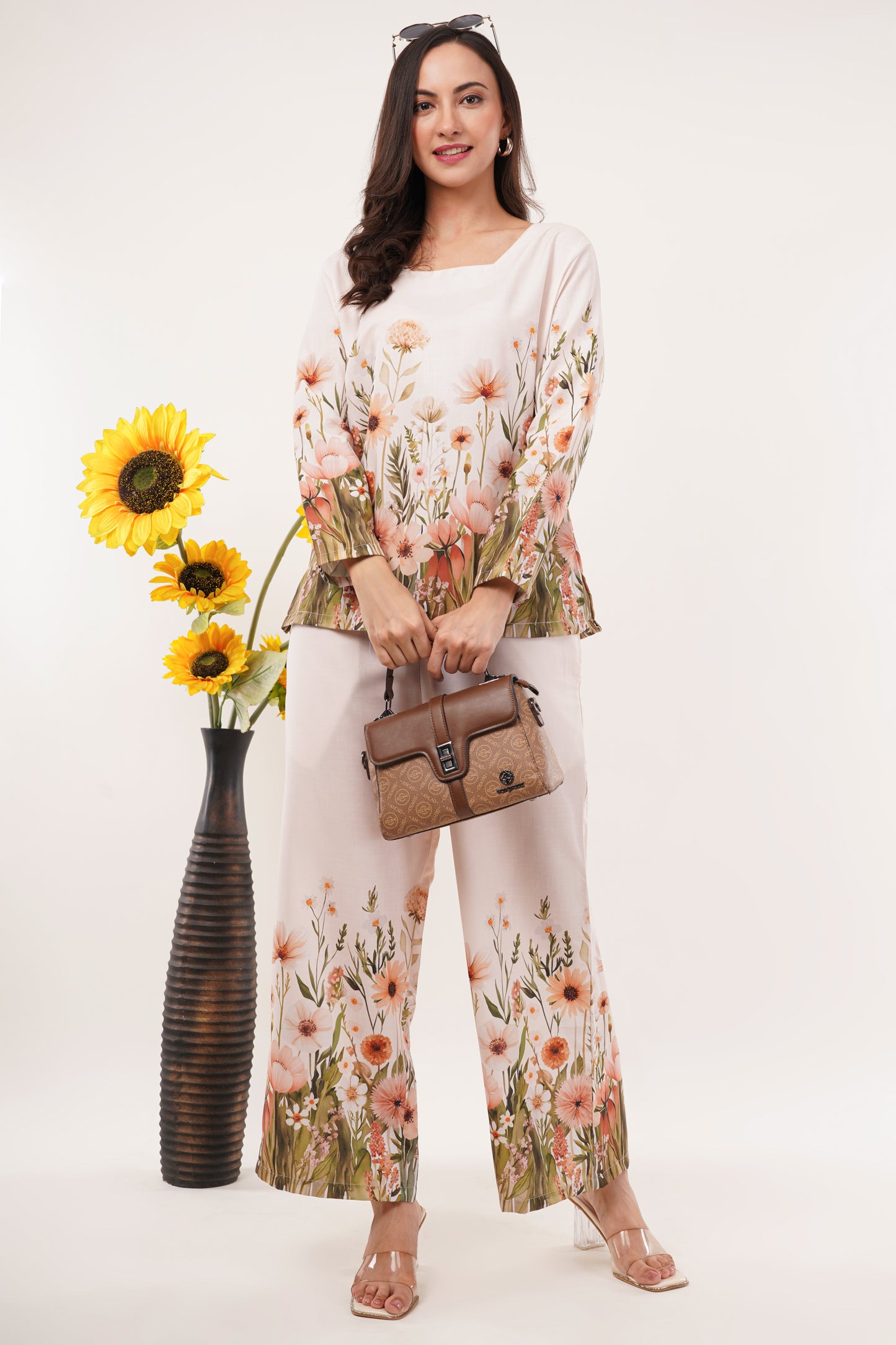 Beige Floral Printed Cord Set with Square Neckline