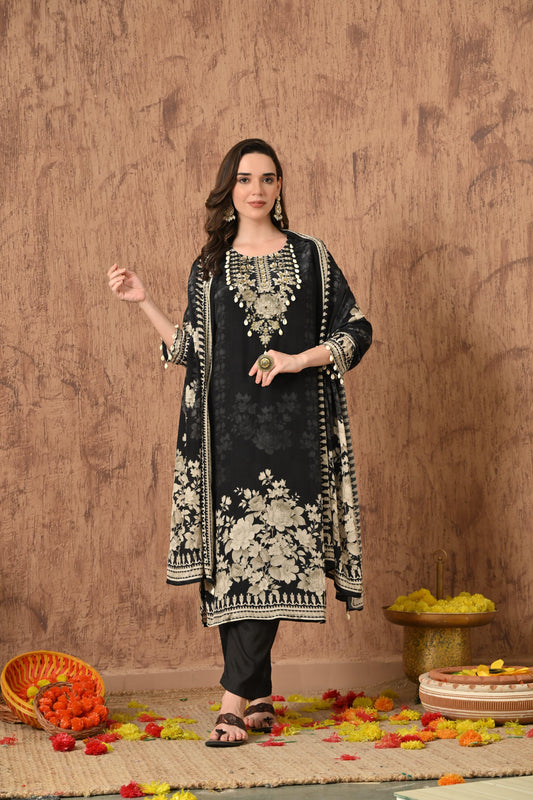 Pure Natural Crepe Digital Printed Kurti Set with Metallic & Shell Accents