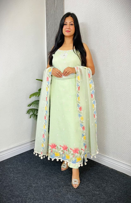 Pure Cotton Embroidered Suit – Pastel Green Elegance