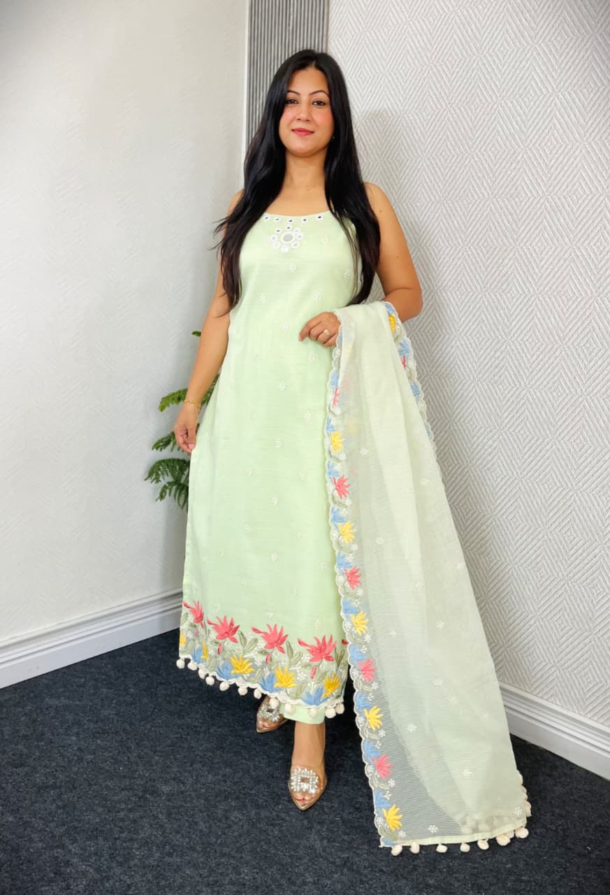 Pure Cotton Embroidered Suit – Pastel Green Elegance