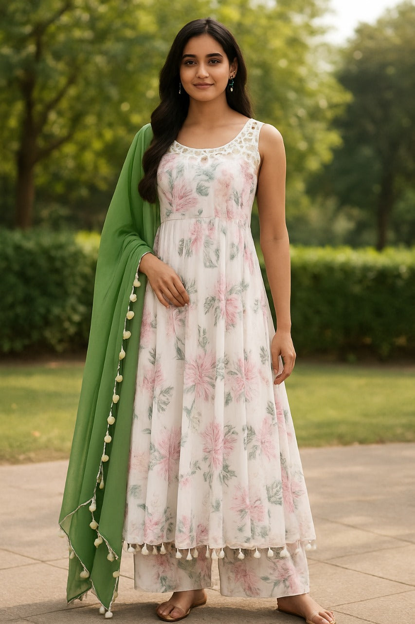 Floral Print Anarkali Suit with Green Dupatta