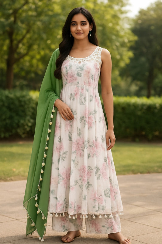 Floral Print Anarkali Suit with Green Dupatta