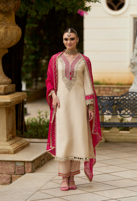 Dola Silk Kurti with mirror work & organza dupatta
