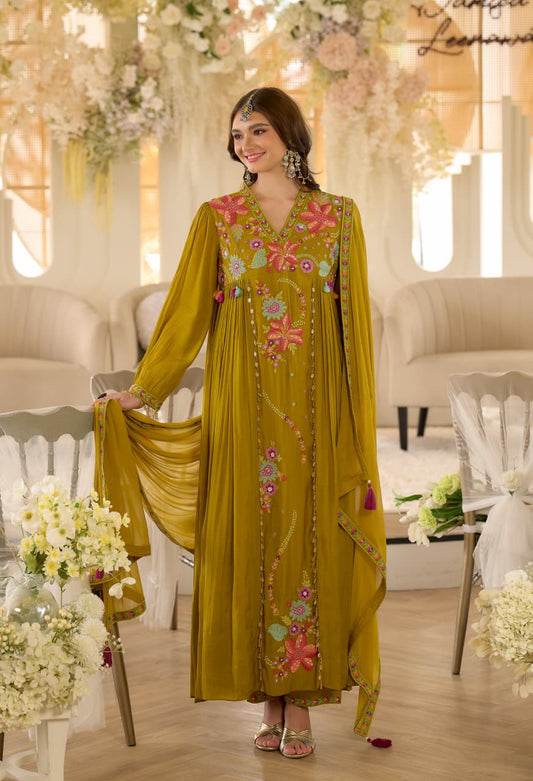 Mal Chanderi Anarkali with embroidery, shell accents & chiffon dupatta