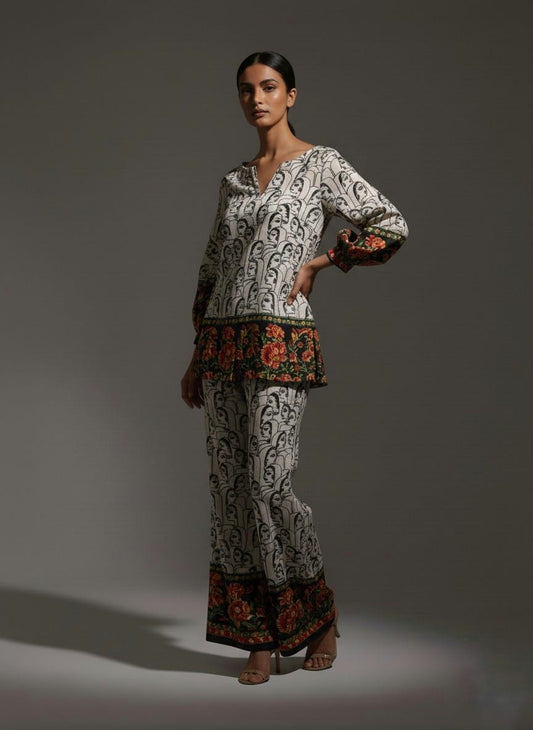 Printed Cotton Cord Set with Floral Border Detailing