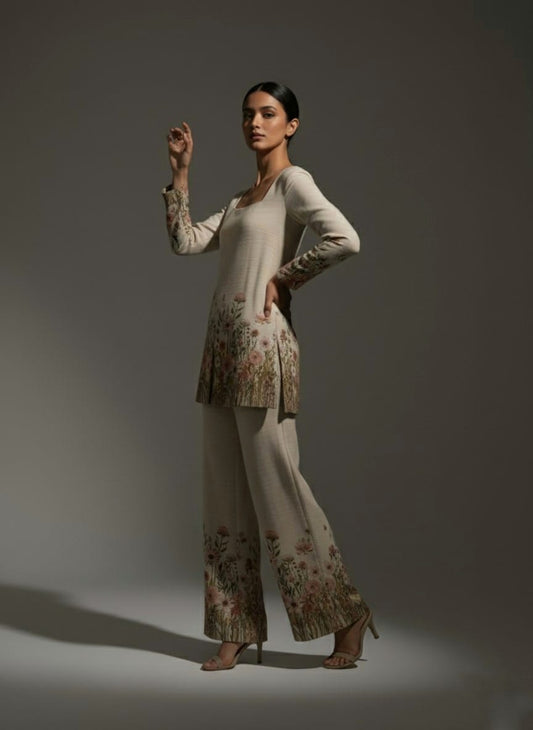 Beige Floral Printed Cord Set with Square Neckline