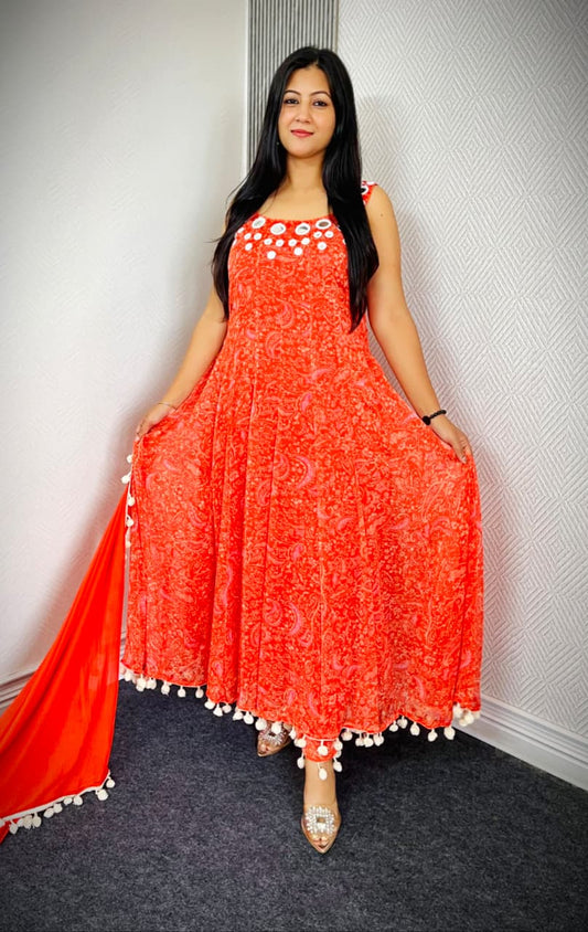 Floral Print Anarkali Suit with Orange Dupatta